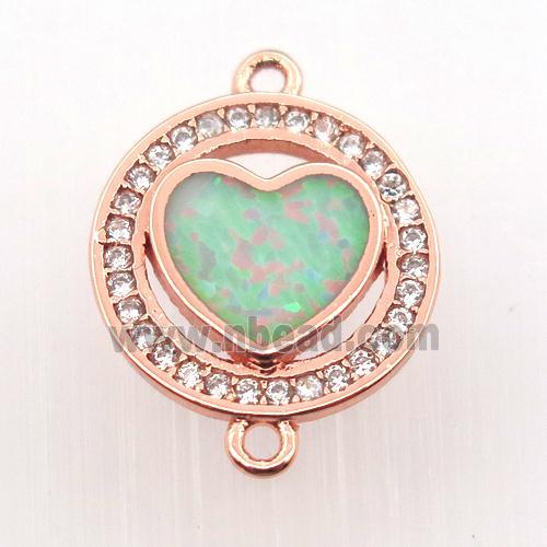 copper circle connector pave zircon with fire opal heart, rose gold