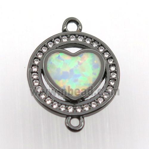 copper circle connector pave zircon with fire opal heart, black plated