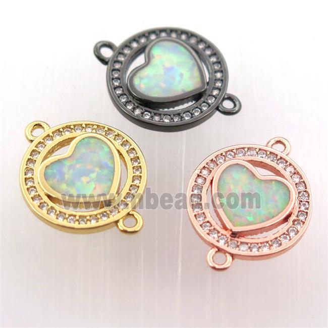 copper circle connector pave zircon with fire opal heart, mix color