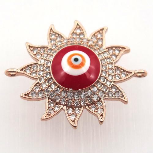 copper sun connector pave zircon with evil eye, rose gold