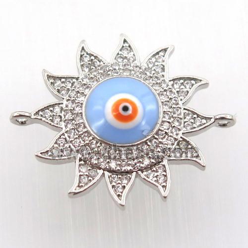copper sun connector pave zircon with evil eye, platinum plated