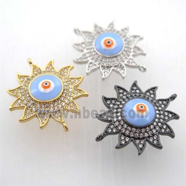 copper sun connector pave zircon with evil eye, mix color