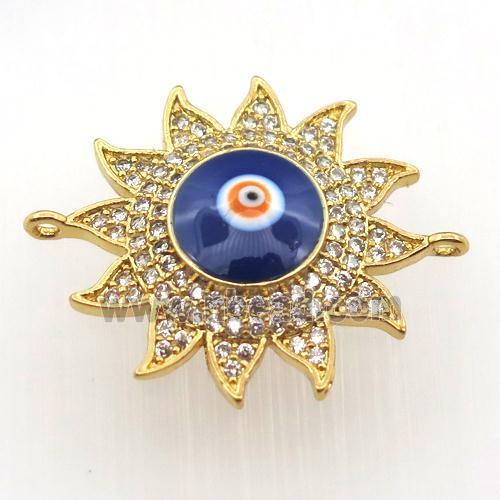 copper sun connector pave zircon with evil eye, gold plated