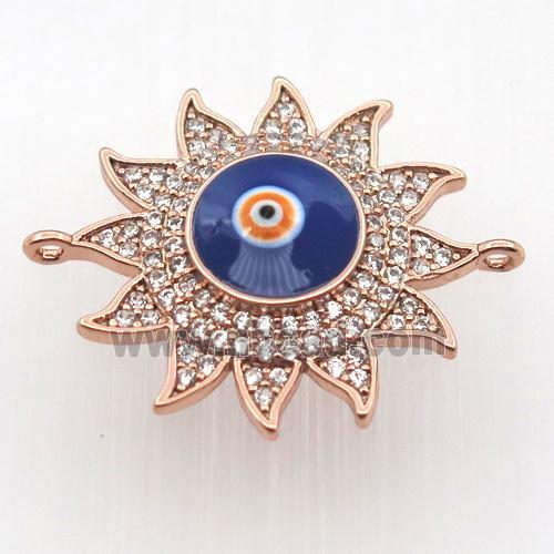 copper sun connector pave zircon with evil eye, rose gold