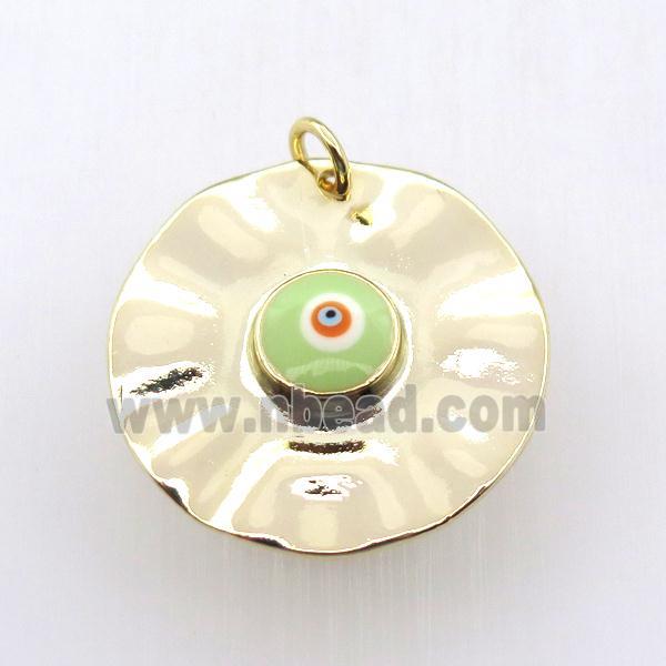 copper circle pendant with green evil eye, gold plated