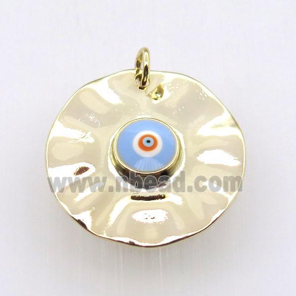 copper circle pendant with blue evil eye, gold plated