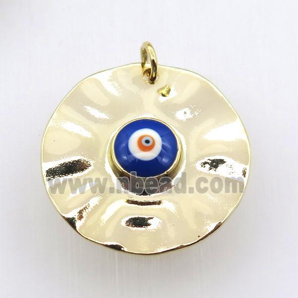 copper circle pendant with blue evil eye, gold plated