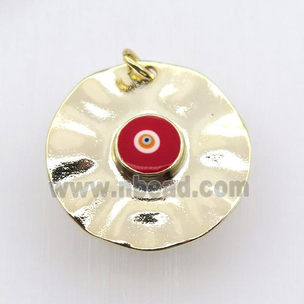 copper circle pendant with red evil eye, gold plated