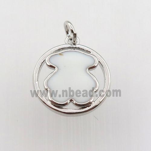 copper circle pendant with white enameling bear, platinum plated