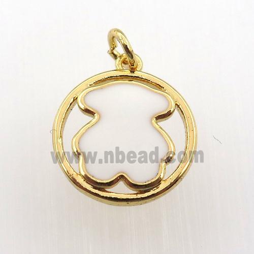 copper circle pendant with white enameling bear, gold plated