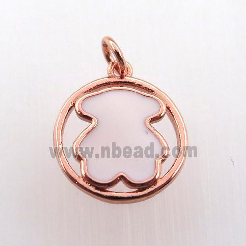 copper circle pendant with white enameling bear, rose gold