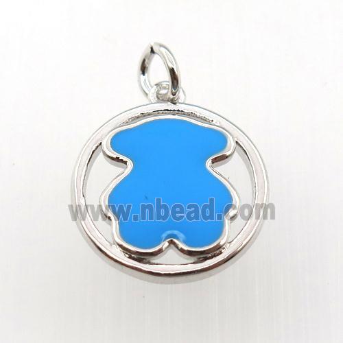 copper circle pendant with blue enameling bear, platinum plated