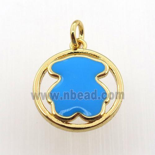 copper circle pendant with blue enameling bear, gold plated