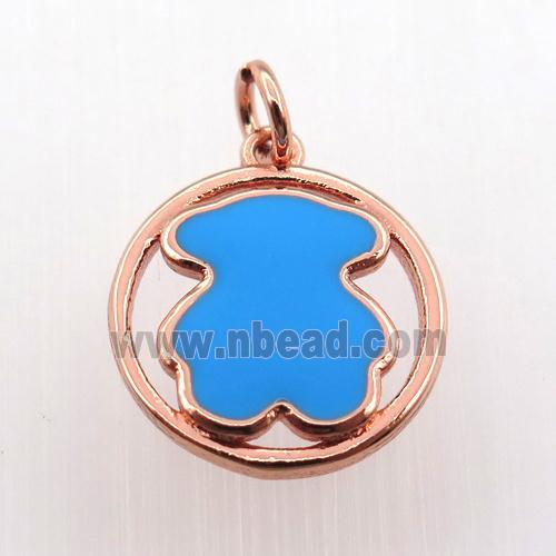 copper circle pendant with blue enameling bear, rose gold