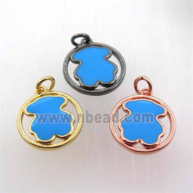 copper circle pendant with blue enameling bear, mix color