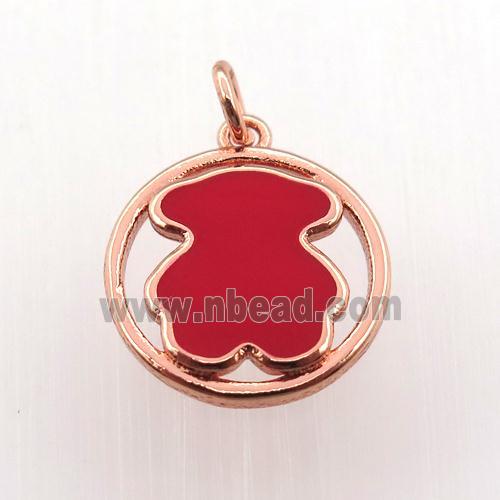 copper circle pendant red blue enameling bear, rose gold