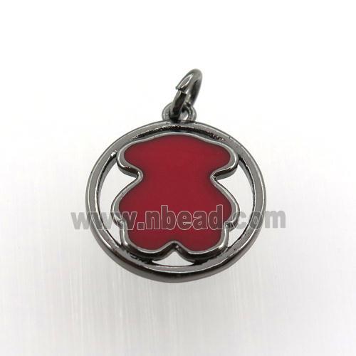 copper circle pendant red blue enameling bear, black plated