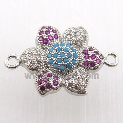 copper flower connector paved zircon, platinum plated