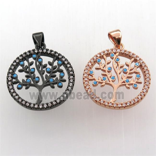 copper pendant paved zircon, tree of life, mix color