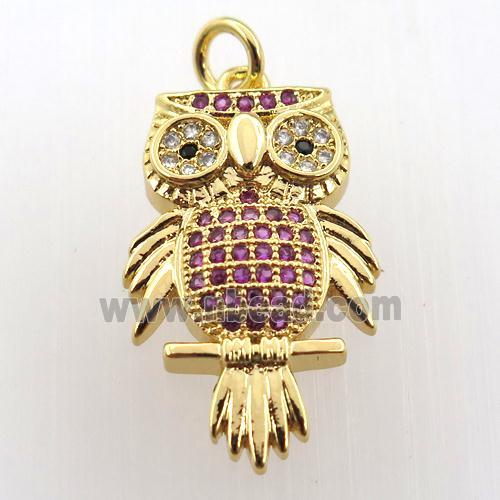 copper owl pendant paved zircon, gold plated