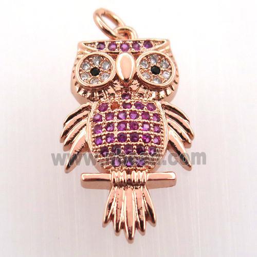copper owl pendant paved zircon, rose gold