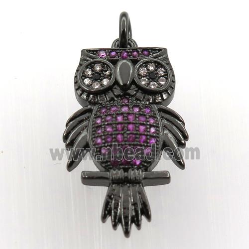 copper owl pendant paved zircon, black plated