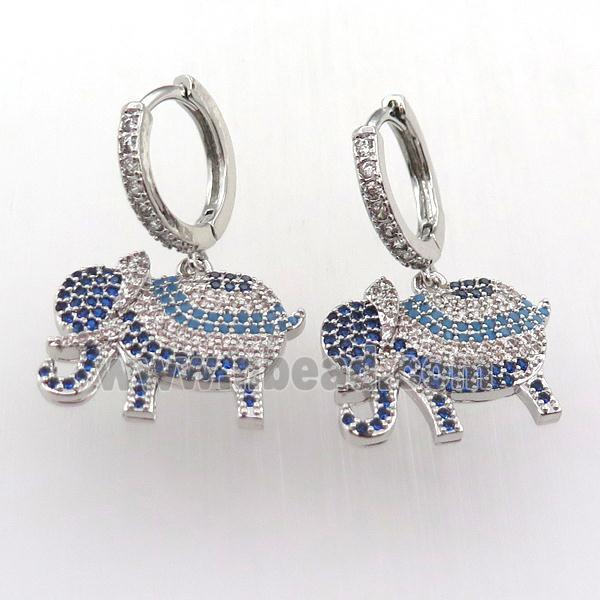 copper hoop earring pave zircon with elephant, platinum plated