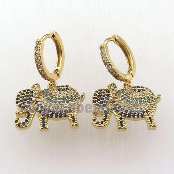 copper hoop earring pave zircon with elephant, gold plated