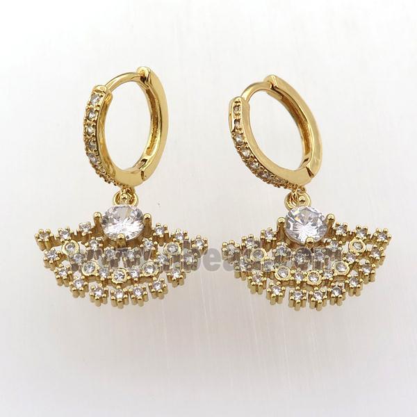 copper hoop earring pave zircon with fan, gold plated