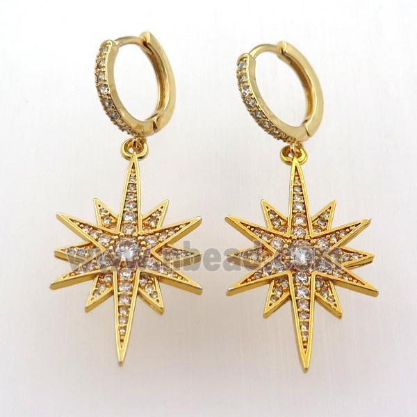 copper hoop earring pave zircon with northstar, gold plated