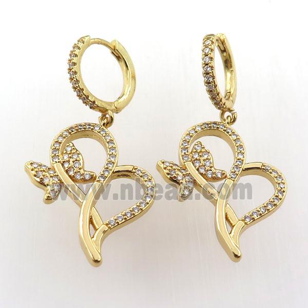copper hoop earring pave zircon with butterfly, gold plated