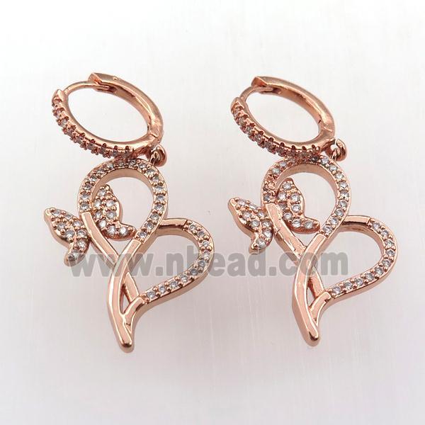 copper hoop earring pave zircon with butterfly, rose gold
