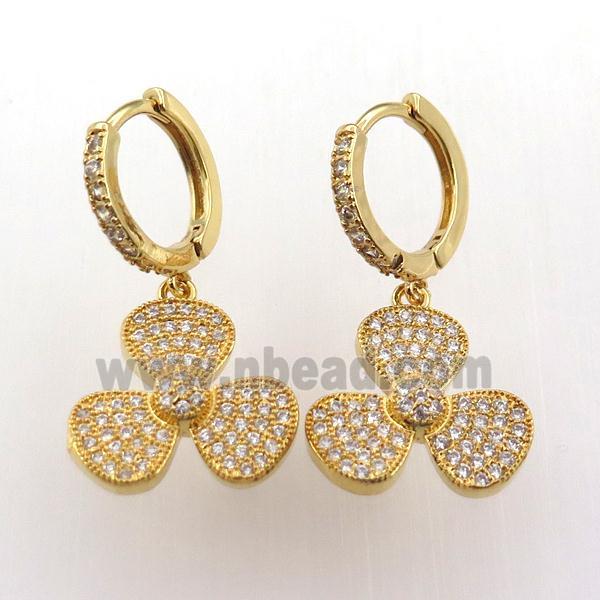 copper hoop earring pave zircon with clover, gold plated