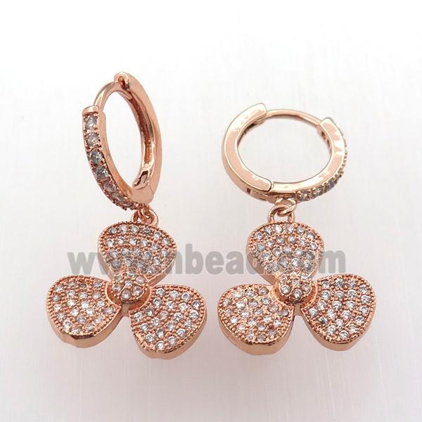 copper hoop earring pave zircon with clover, rose gold