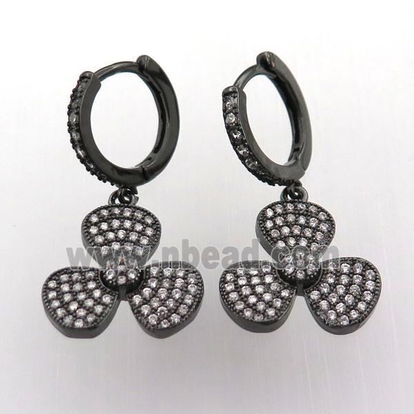 copper hoop earring pave zircon with clover, black plated