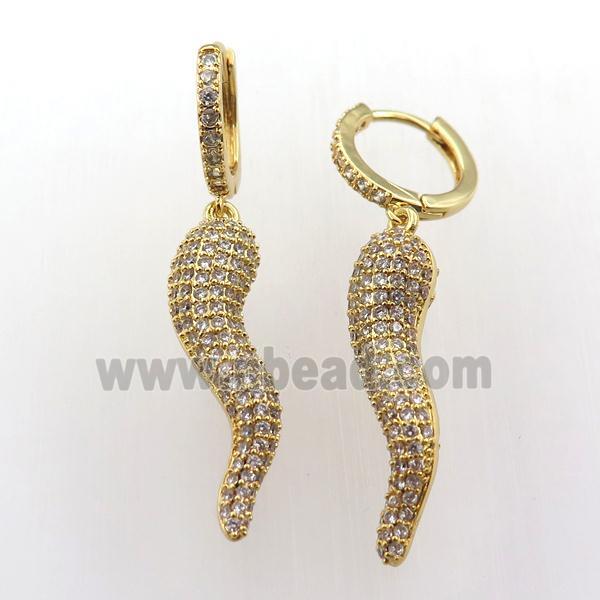 copper hoop earring pave zircon with comma, gold plated