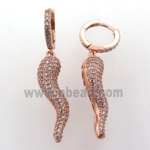 copper hoop earring pave zircon with comma, rose gold