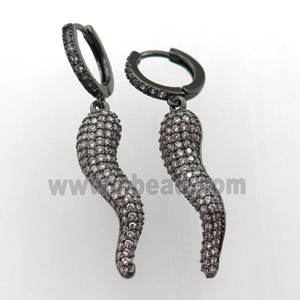 copper hoop earring pave zircon with comma, black plated