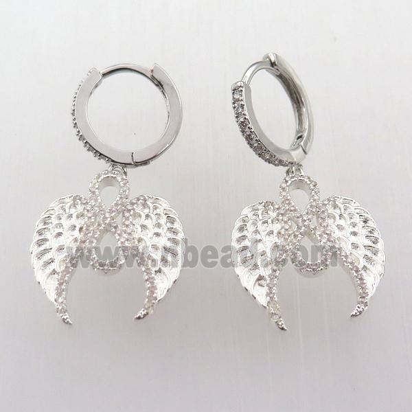 copper hoop earring pave zircon with angelwing, platinum plated