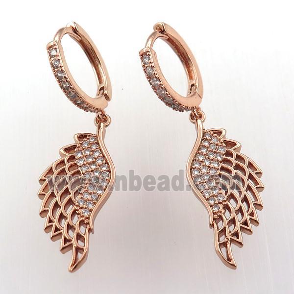 copper hoop earring pave zircon with angelwing, rose gold