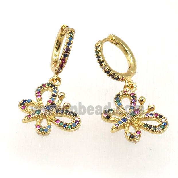 copper hoop earrings paved zircon with butterfly, gold plated