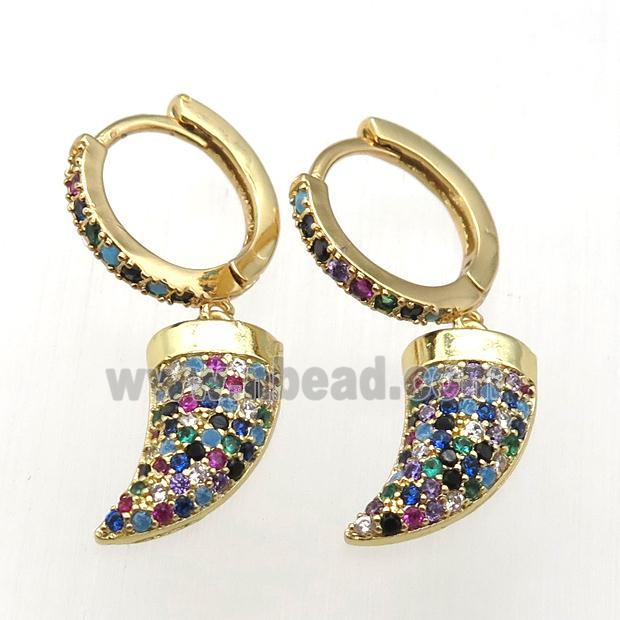 copper hoop earrings paved zircon with horn, gold plated