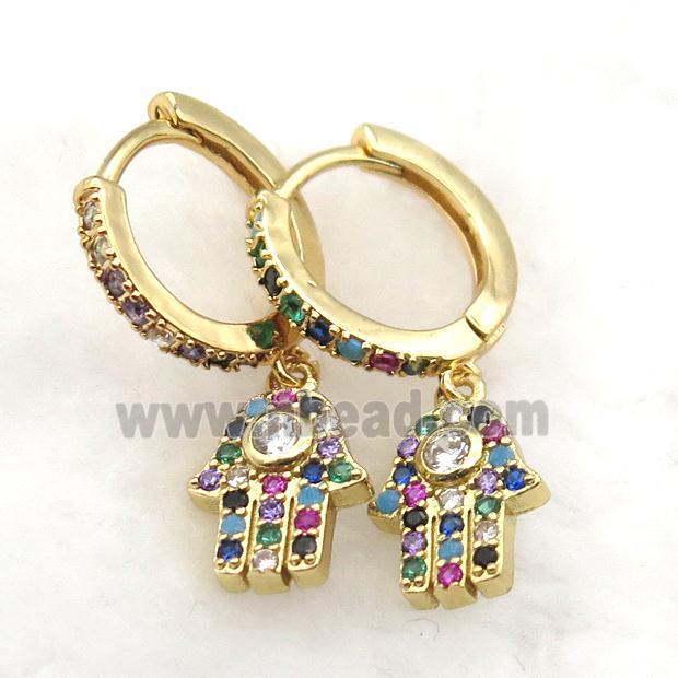 copper hoop earrings paved zircon with hamsahand, gold plated