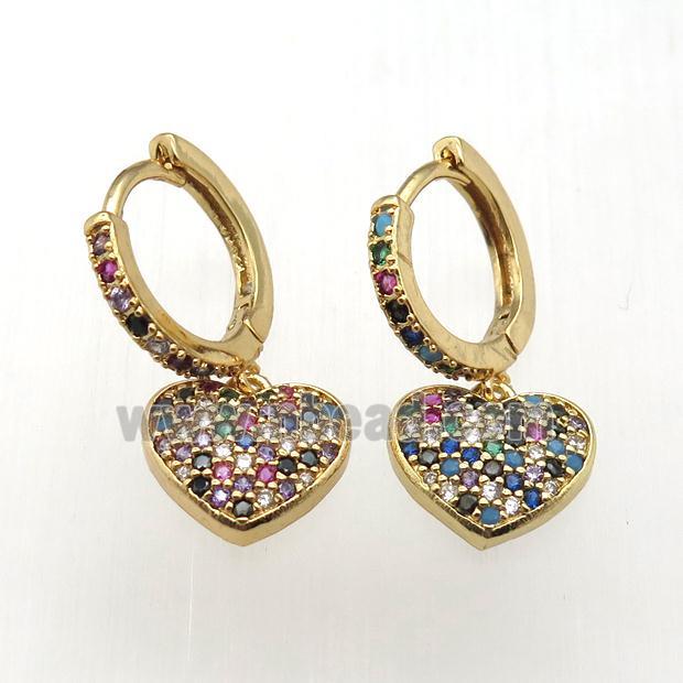 copper hoop earrings paved zircon with heart, gold plated