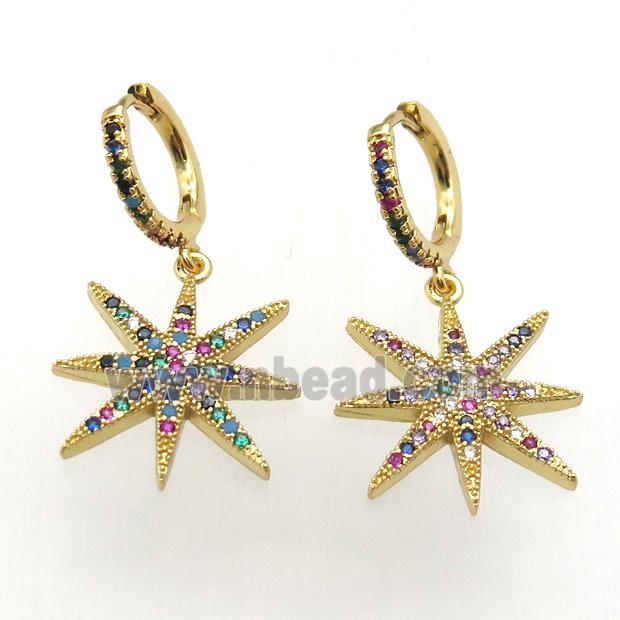 copper hoop huggie earrings paved zircon with northstar, gold plated