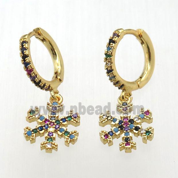 copper hoop earrings paved zircon with snowflake, gold plated