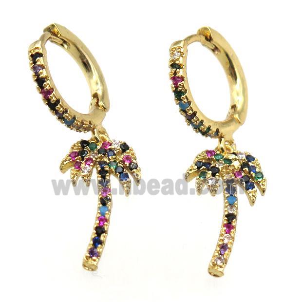 copper hoop earrings paved zircon with coconut-tree, gold plated