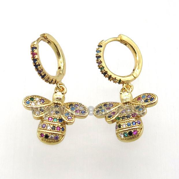 copper hoop earrings paved zircon with honeybee, gold plated