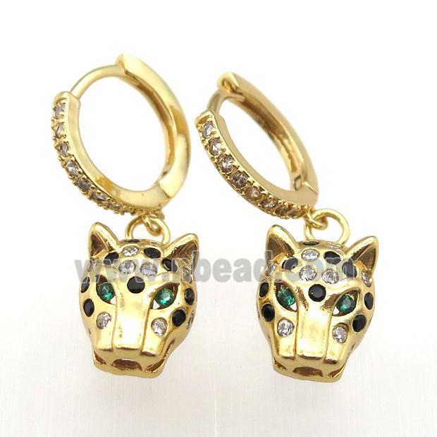 copper hoop earrings paved zircon with leopardhead, gold plated