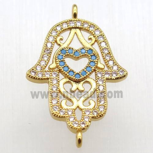 copper hamsahand connector pave zircon, gold plated